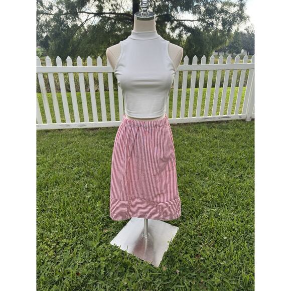 Jcrew Midi Skirt Striped Red White Pockets Coastal Preppy Size Med A-Line Linen - Picture 1 of 11